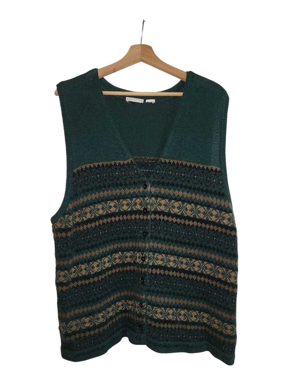 Vintage Teal Green Fair Isle Button Front Knit Sweater Vest V-Neck Geometric
